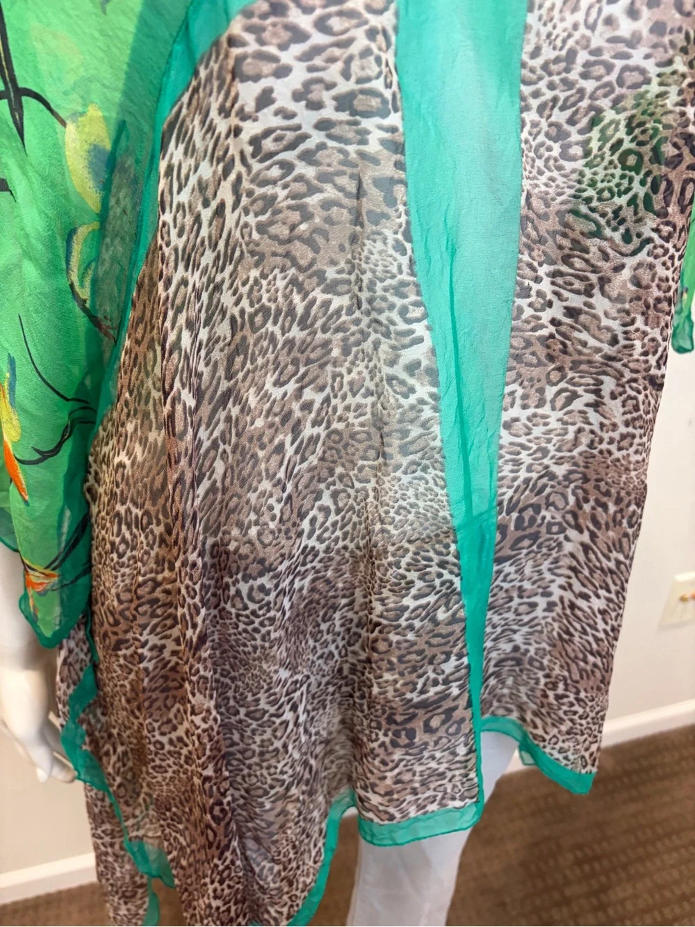 NORDSTROM 100% Silk Green Brown Cheetah Print Tropical Floral Cover Up Blouse